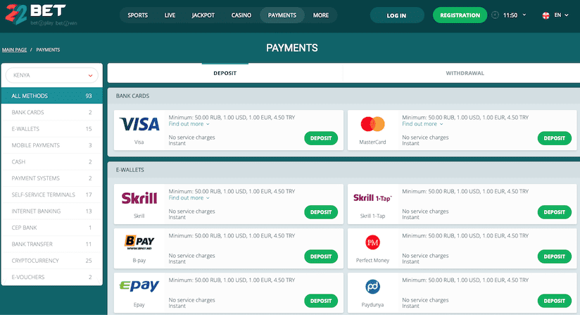 22bet payment methods