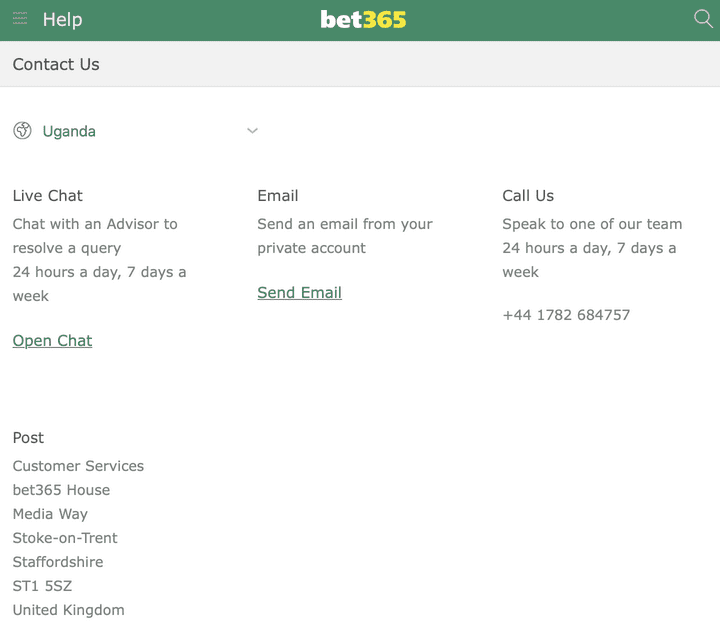 Bet365 Uganda contact