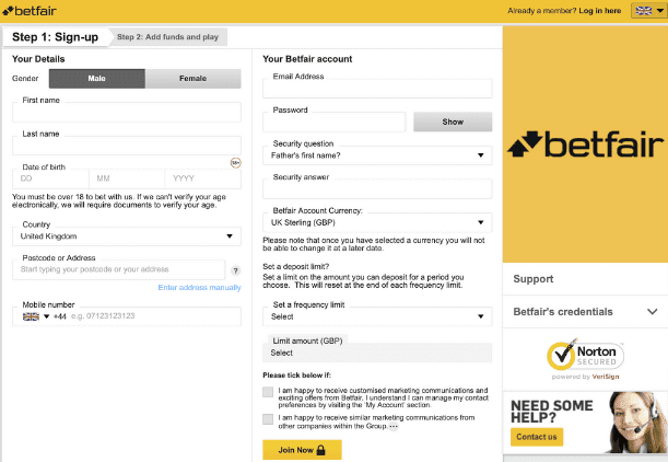 Betfair registration