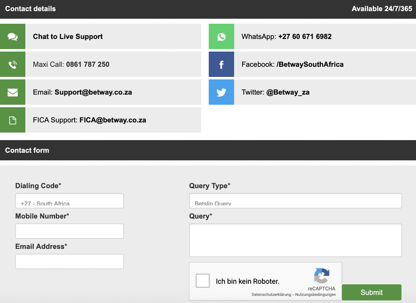 Betway South Africa contact