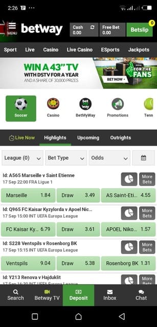 betway mobile app betting screen