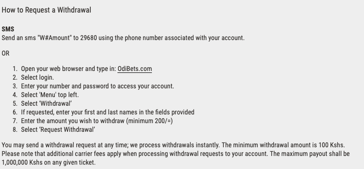 Odibets withdrawal