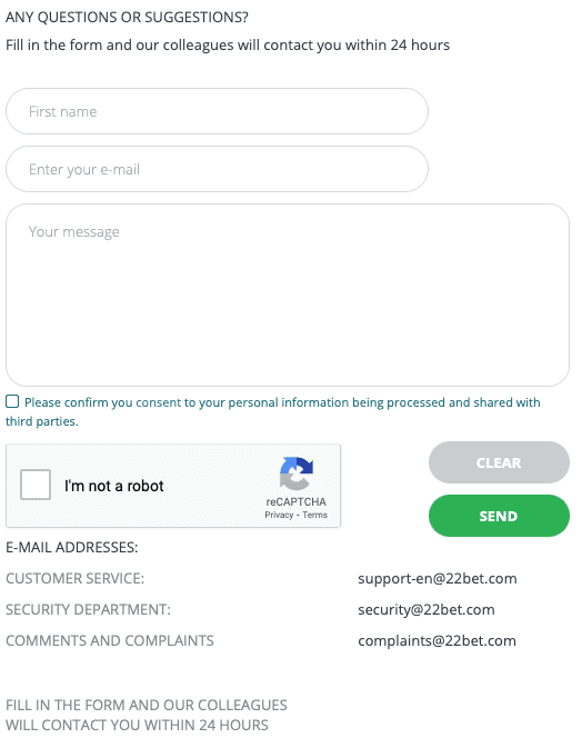 22bet contact addresses