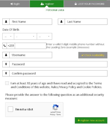Soccabet Ghana registration form