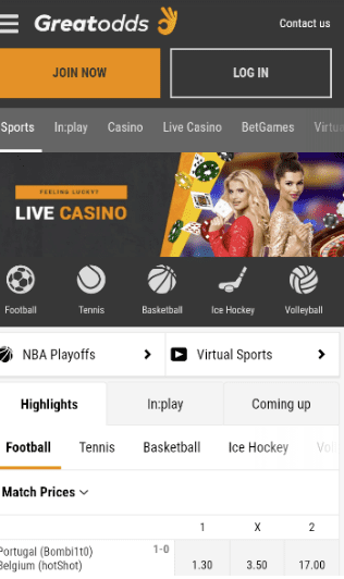 Greatodds mobile app screen