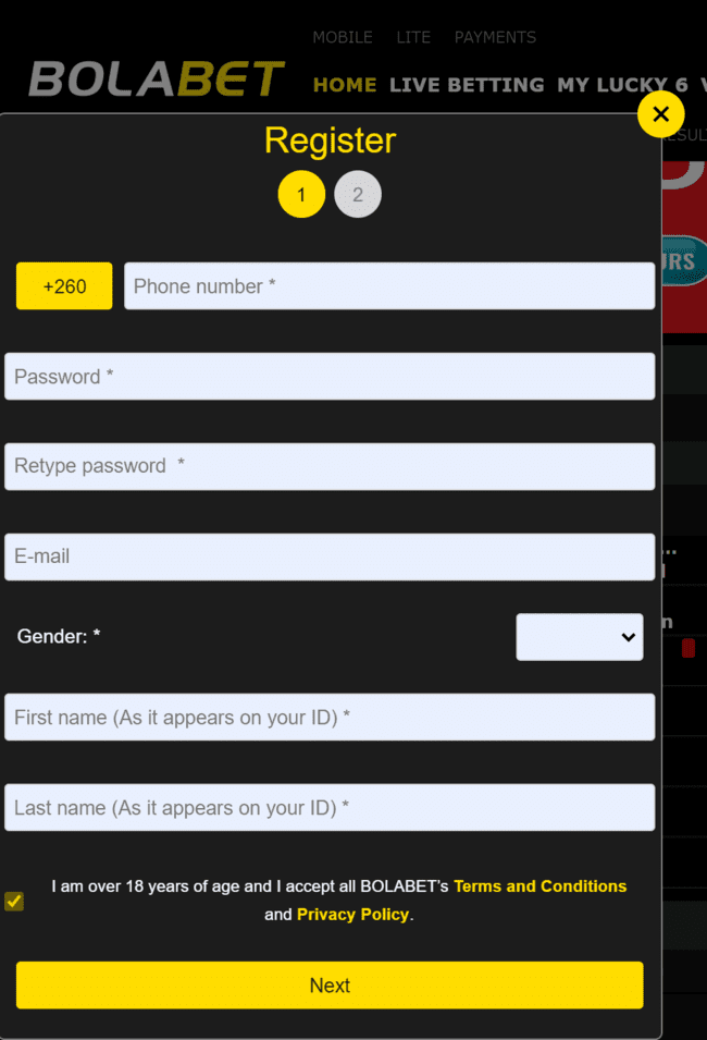 Bolabet Registration Page