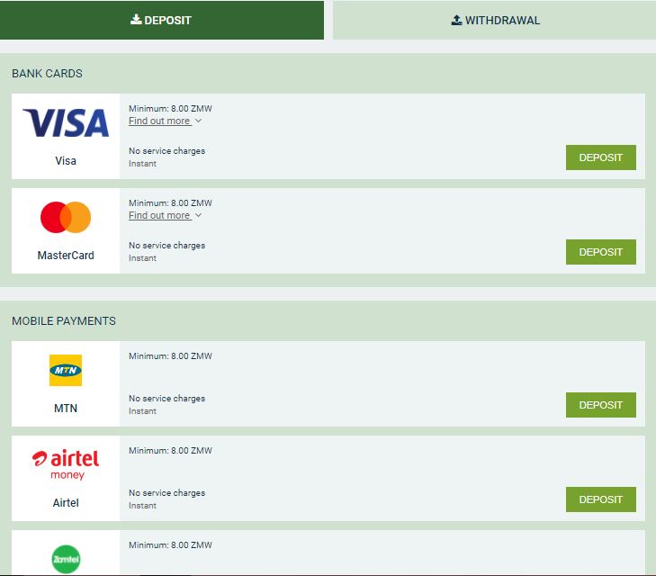 Melbet Zambia deposit options