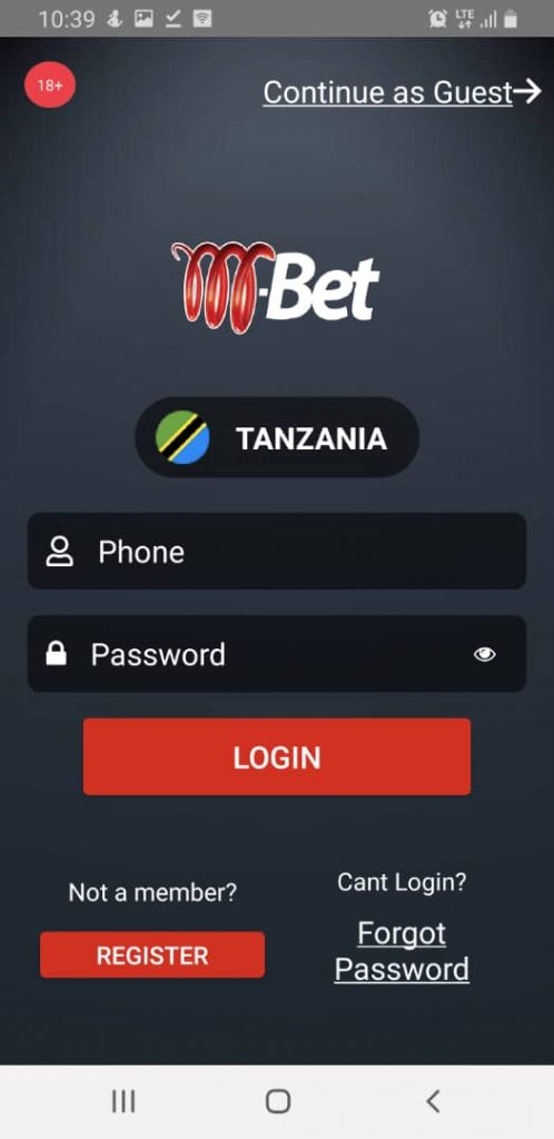 M-bet login screen