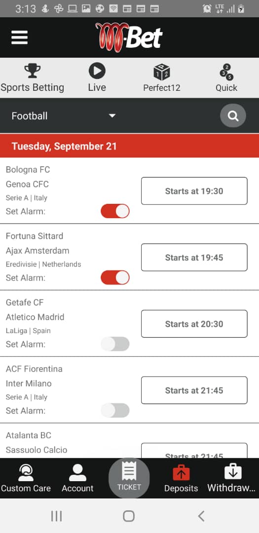 M-bet live score alarm