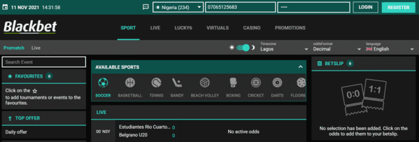 Blackbet Home Screen