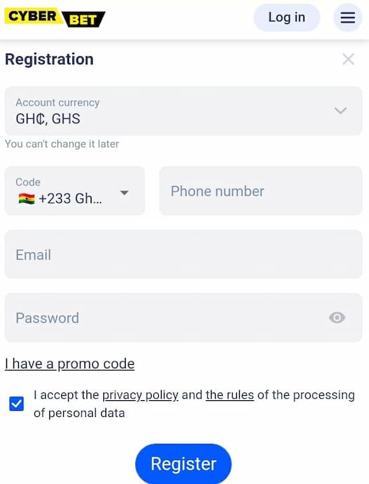 cyberbet ghana registration form