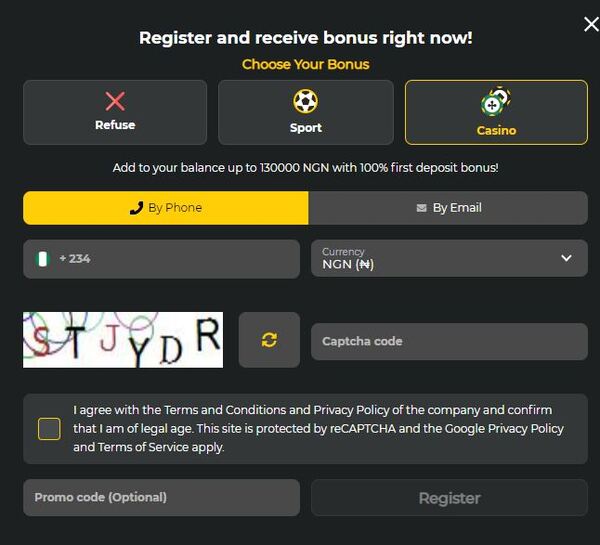 Betwinner Registration Page