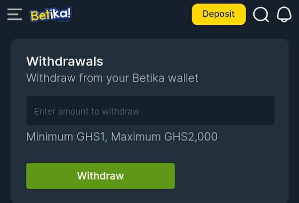 Betika Ghana withdrawal overlay screen