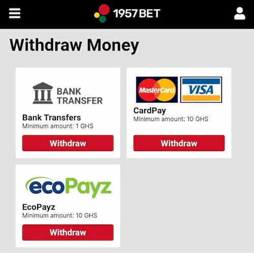 1957Bet Ghana withdrawal methods screen