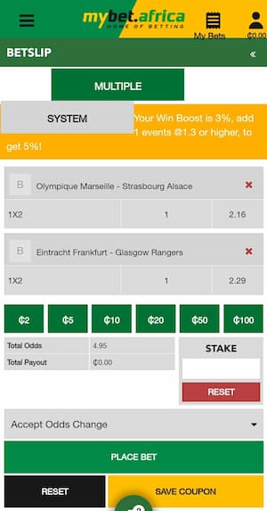 MybetAfrica sportsbook betslip screen