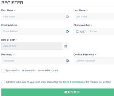 Premier Bet Cameroon Registration page