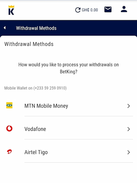 Betking Ghana withdrawal methods