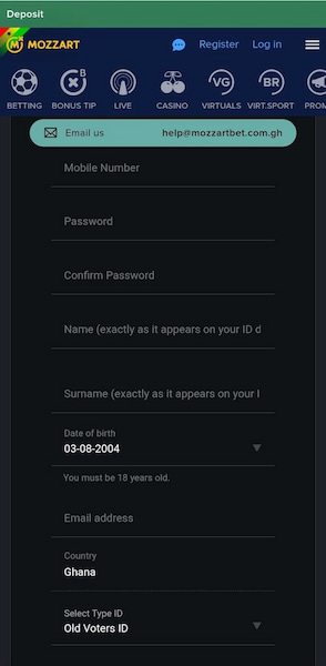 Mozzrtbet registration page