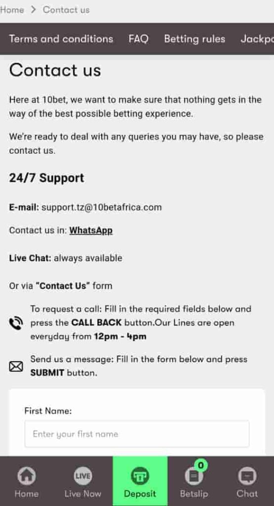 10bet Tanzania Contact