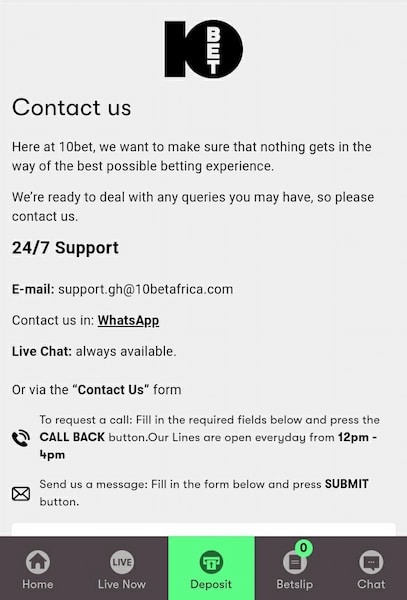 10bet Ghana support services