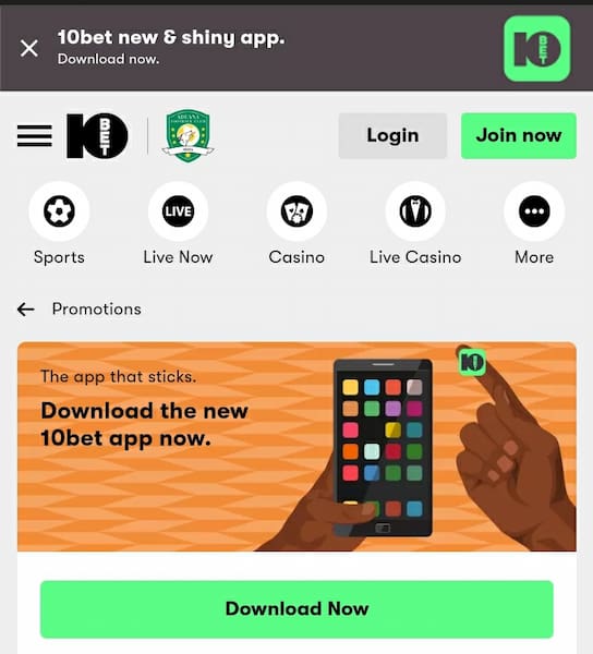 10bet Ghana app download page