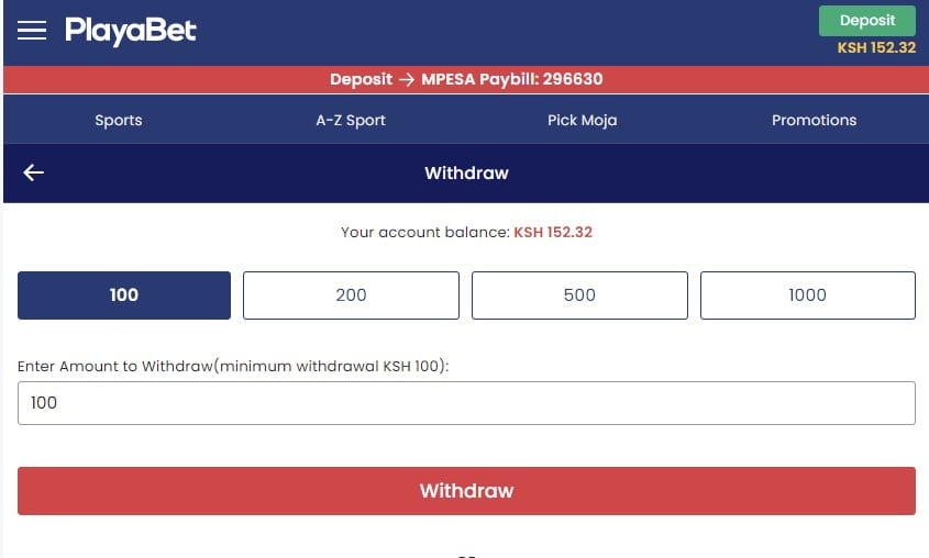 PlayaBet withdrawal screen