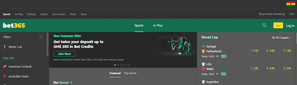 Bet365 Ghana frontpage