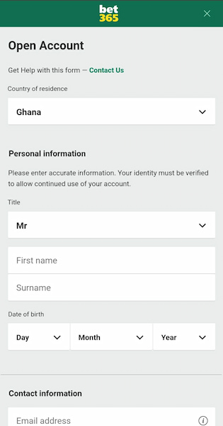 Bet365 registration form Ghana