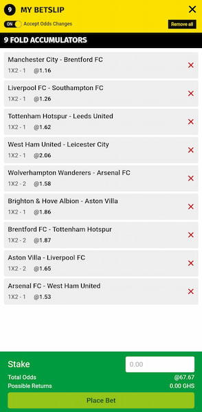 Premier Bet app betting slip