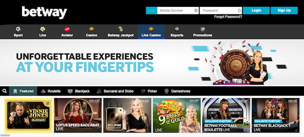 Betway live Casino frontpage