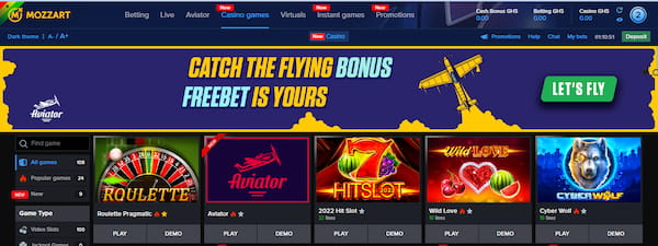 Mozzart casino frontpage screen