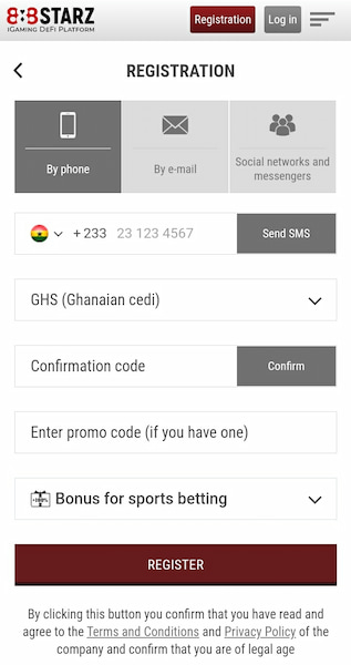 888starz Ghana sign-up page