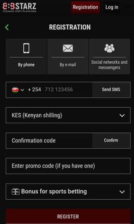 888starz Kenya Sign Up form