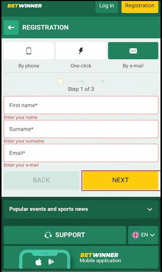 Betwinner registration first step