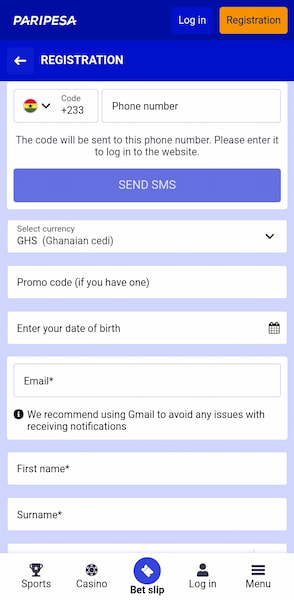Paripesa Ghana sign-up page