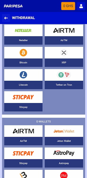 Paripesa Ghana withdrawal options