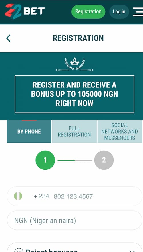 22bet Nigeria Sign Up Page