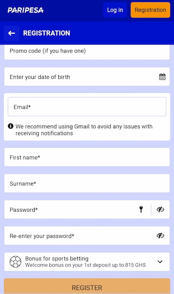 Paripesa registration form