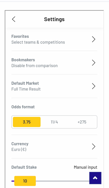 Odds Comparison Settings