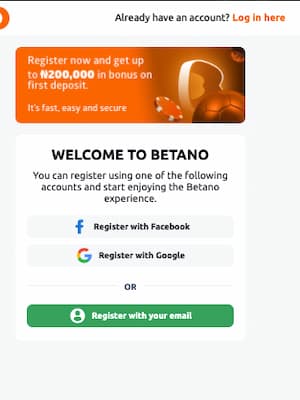 Betano sign up page